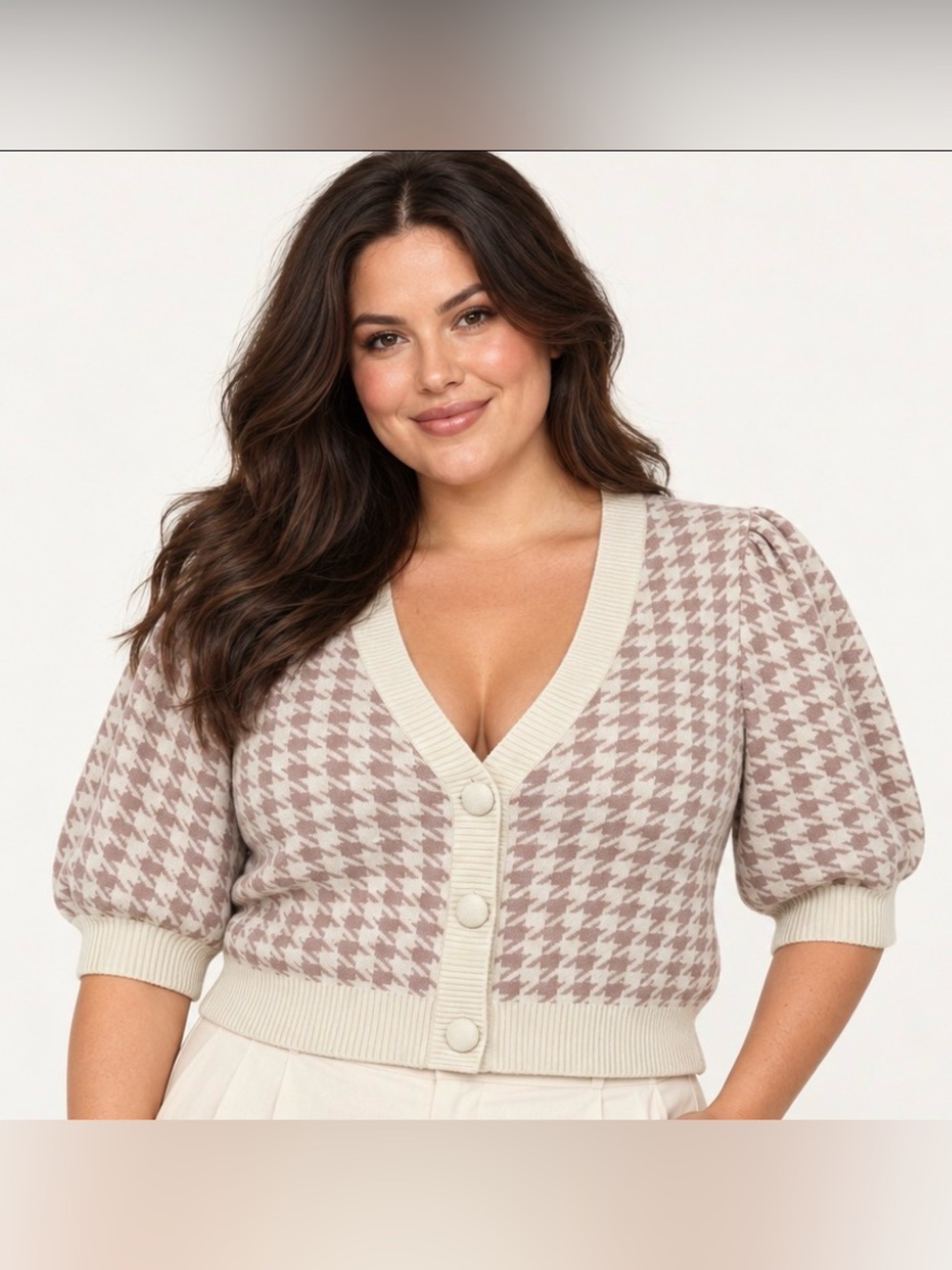 Vigoss Beige & Cream Houndstooth V-Neck Button Cardigan